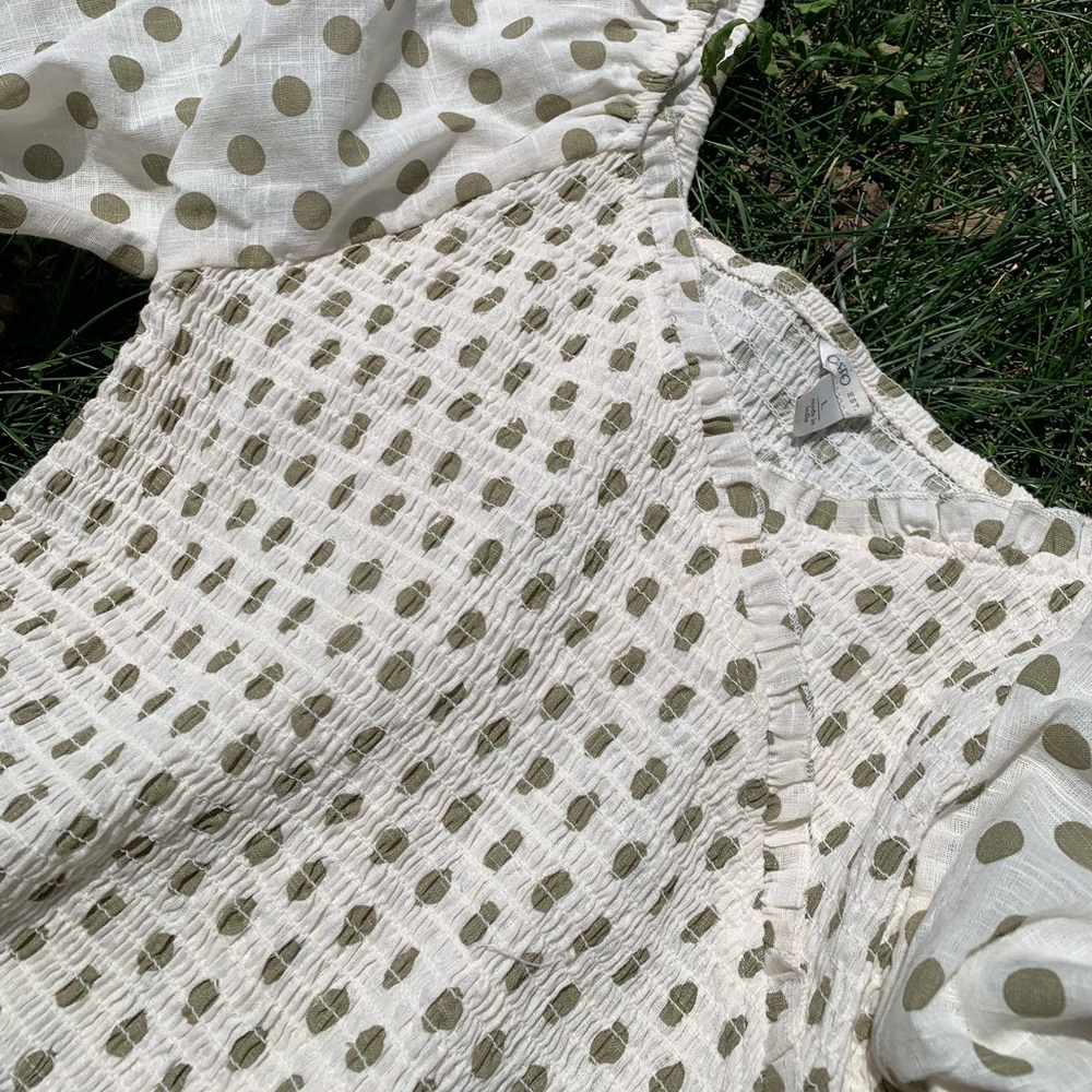 100% cotton polka dot long sleeve ruched top blouse green NWT Sz L Linen Cottage - Picture 5 of 6